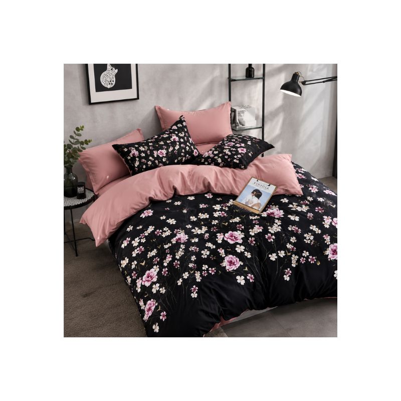 KING Fitted Bedsheet Set- Elegant Black & Pink Floral Design