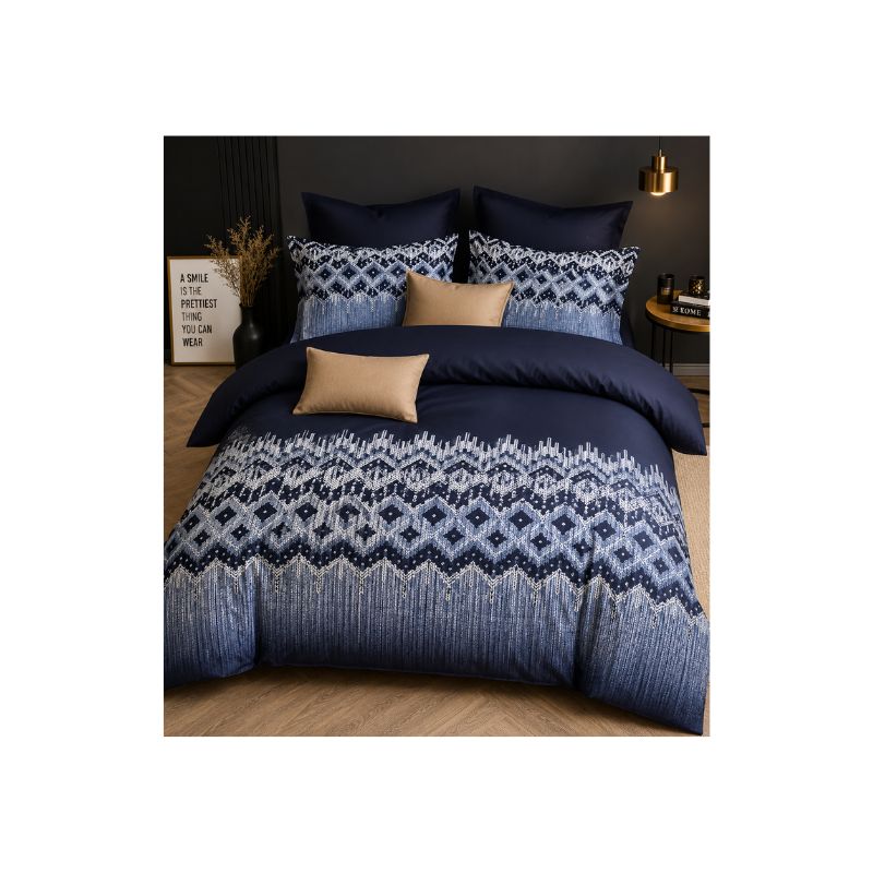Queen Fitted Bedsheet Set – Elegant Navy Blue Geometric Design