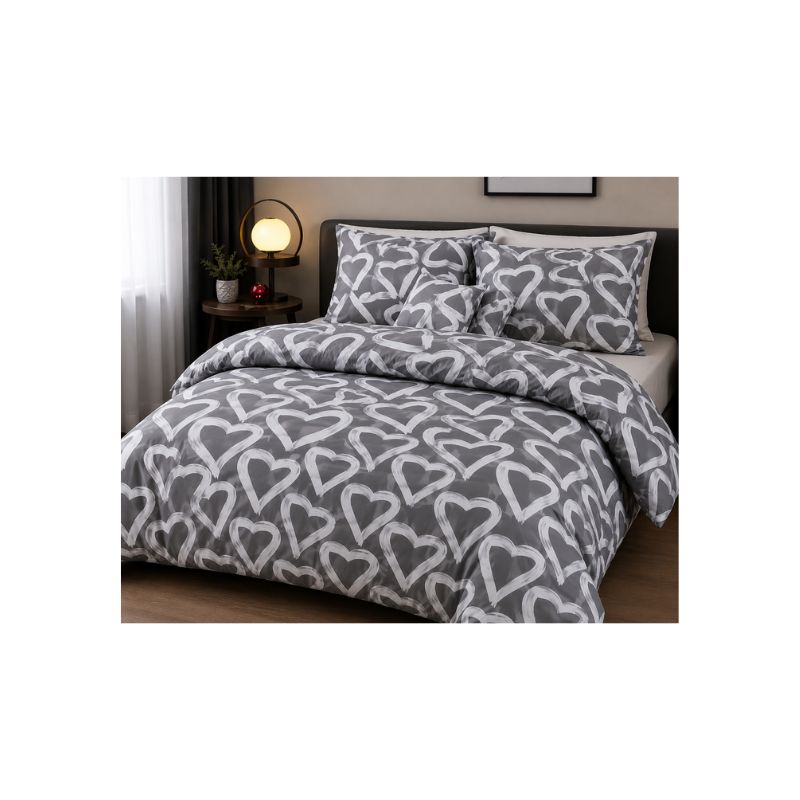 KING Fitted Bedsheet Set –Grey Heart Print Bedding