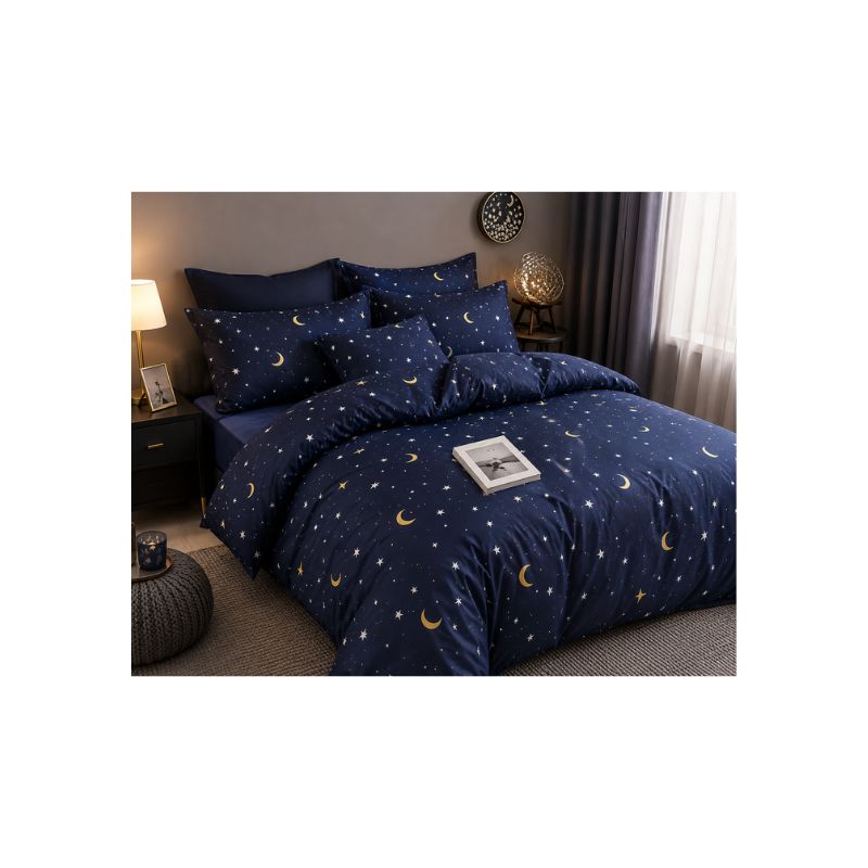 Queen Fitted Bedsheet Set –Moon & Stars Design