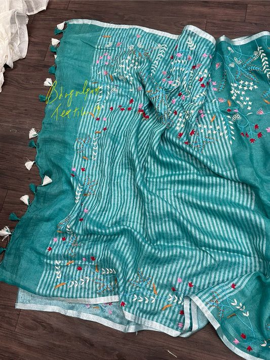 Fountain Blue Linen Hand Embroidered Saree & Blouse