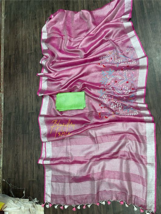 GleamingGrace Hand Embroidered Tissue Linen Saree