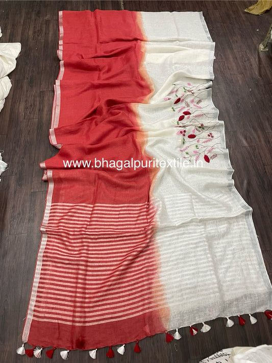 Twilight Elegance Red & White Dual Tone Hand Embroidered Linen Saree