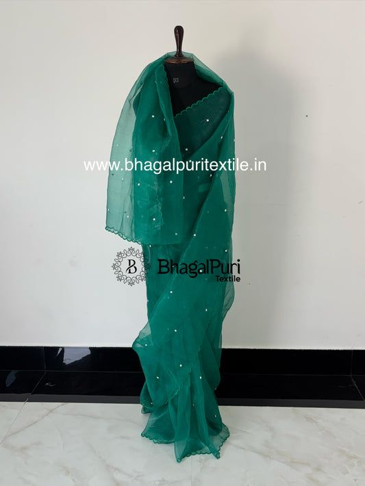Handcrafted Blue Stone Organza Saree with Pearl Detailing & Designer Cutwork Border
