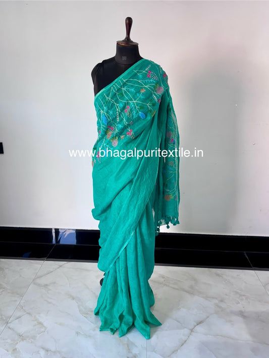 Meher-e-Zamin Linen Hand Embroidery Saree with Running Blouse 1 m