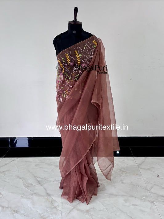Choco Mist – Light Brown Organza Embroidered Saree With Running Plain Blouse pcs 1 m