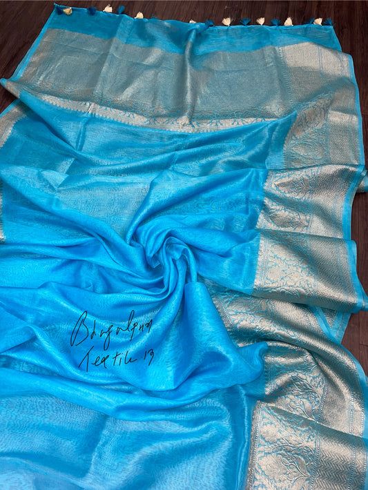 Linen Silk Banarasi Saree Tourquish