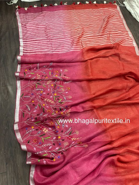 Rosewood Harmony Linen Hand Embroidered Saree