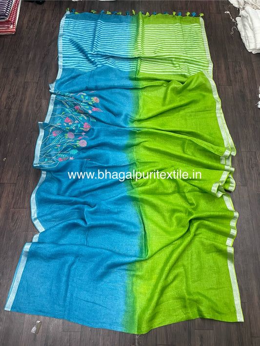 Green and Pacific Blue Dual Tone Saree Linen Hand Embroidered Saree