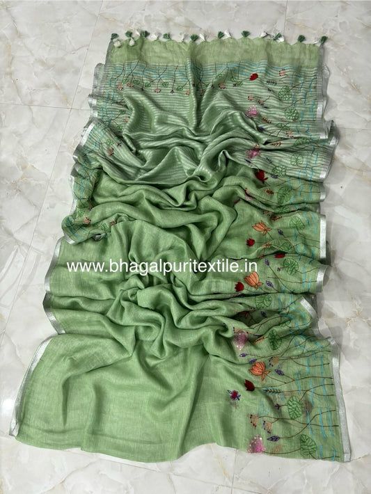 Pista Green Linen Hand Embroidered 4M Work Saree
