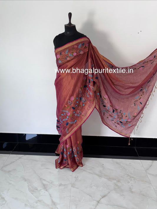 Sundara Pink Linen Handwork Saree