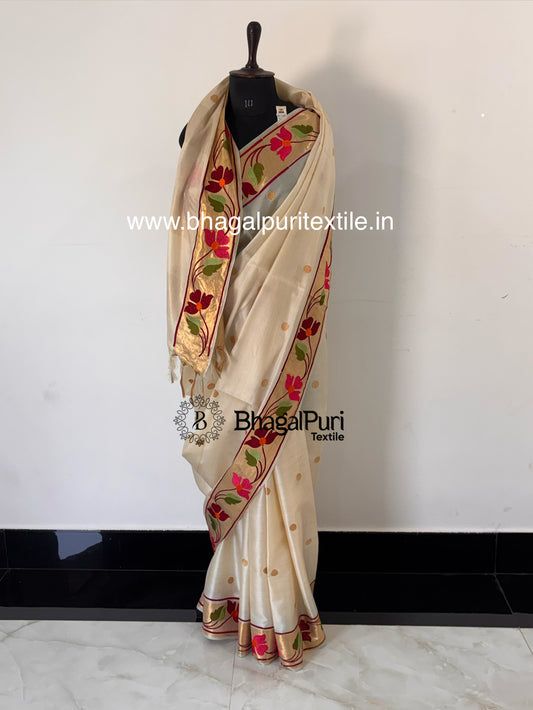 Floral Bloom Tussar Silk Saree with Golden Polka Details