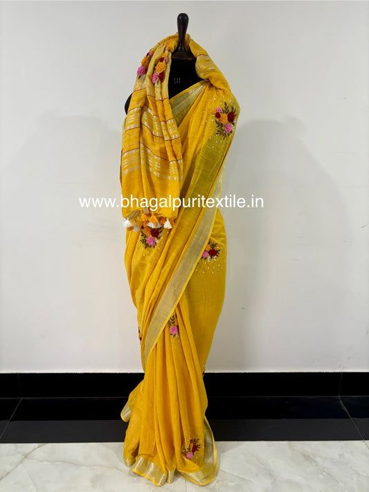 Golden Glow Cotton Hand Embroidered Fench knot Saree