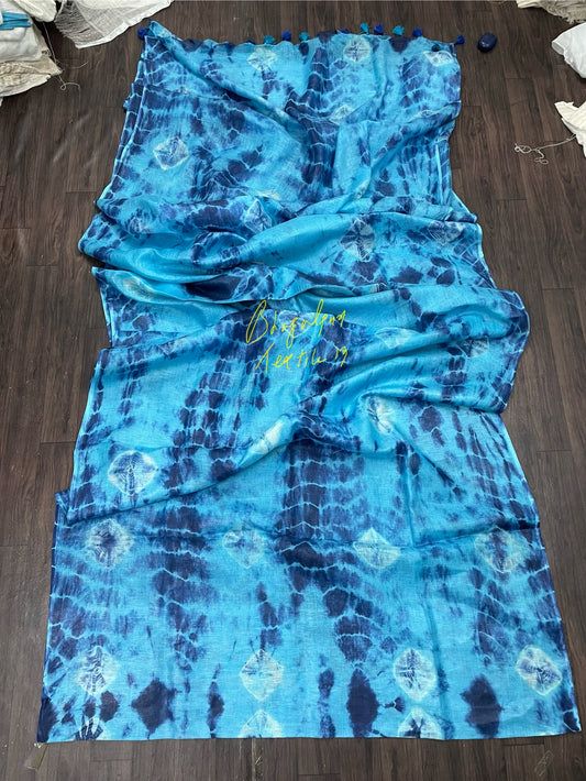 Linen Tourquish Blue Sibori Saree