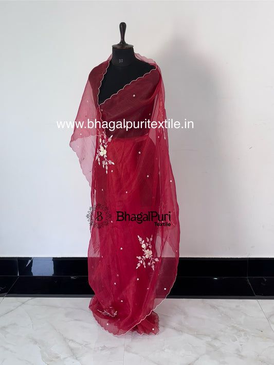 Modern Festive Organza Saree with Hand Embroidery & Beads With Running Blouse Pcs 1m