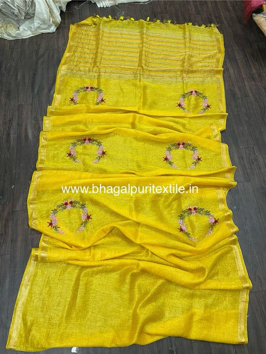 Linen Silk Chand Fench Knot Hand Embodried Saree