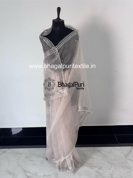 Sitara Organza Mirror Detailing Border 4.5 M Saree With Running Blouse 1m