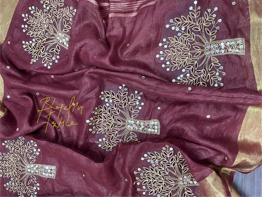 Pure Linen Hand Cutwork Tree Embroidered Saree