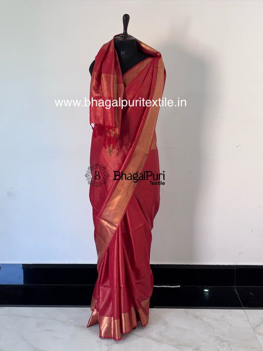 Raktika Red Velvet Tussar Tussar Saree With Running Blouse 1 m