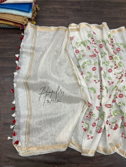 Silk Linen Digital Embroidered Saree White