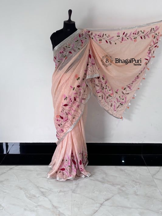 Rang-e-Gulaab Linen Hand Embroidered Saree Full 4.5m Work With Running Blouse 1m