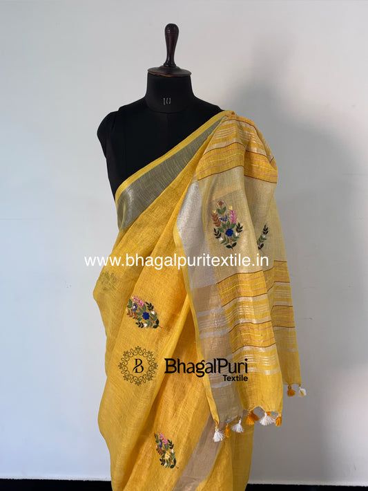 Linen Haldi Hand Embroidered Saree