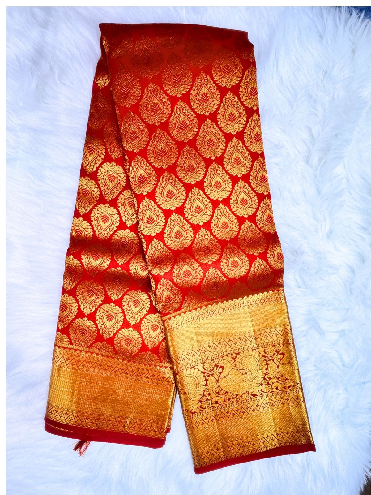 Royal Red Kanchipuram Silk Saree with Golden Zari Peacock Border