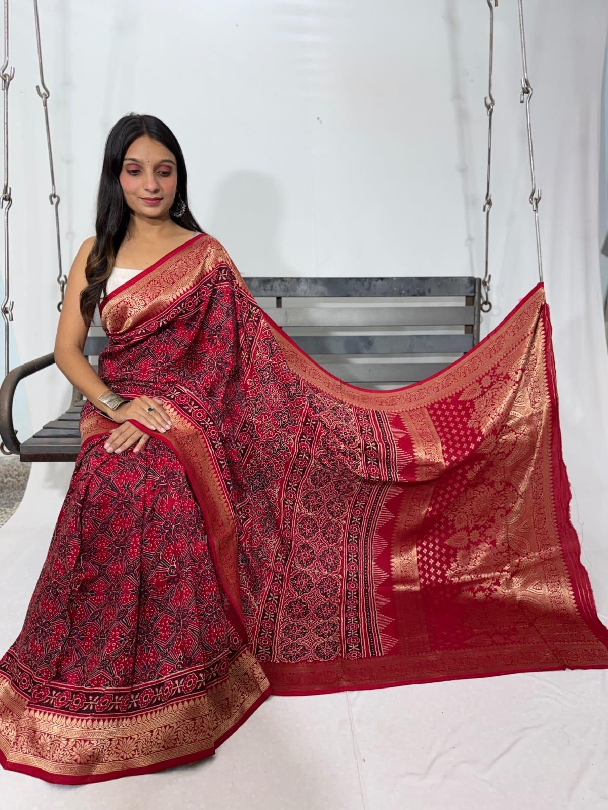Maroon Ajrakh modal silk saree