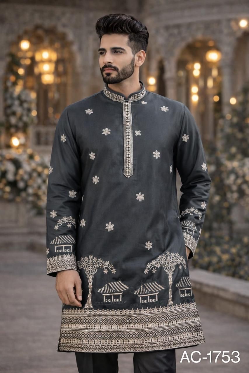 Charcoal Grey Heritage Embroidered Men's Kurta
