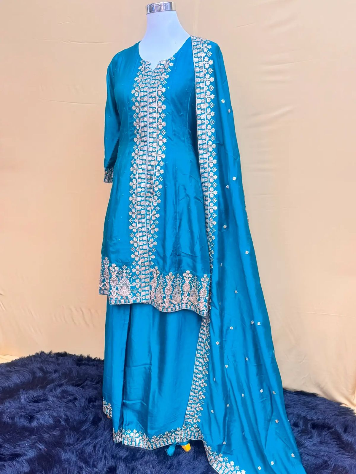 Peacock Blue Silk Embroidered Short Anarkali Suit Set with Dupatta
