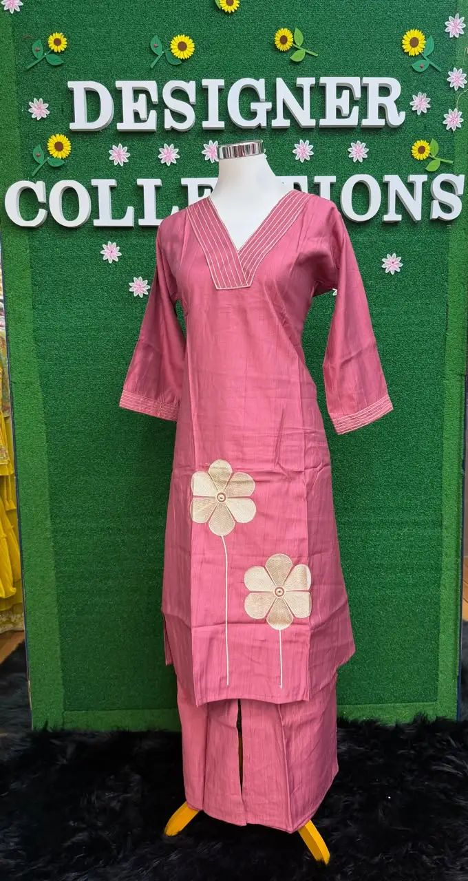 Dusty Rose Floral Embroidered Cotton Kurta Set