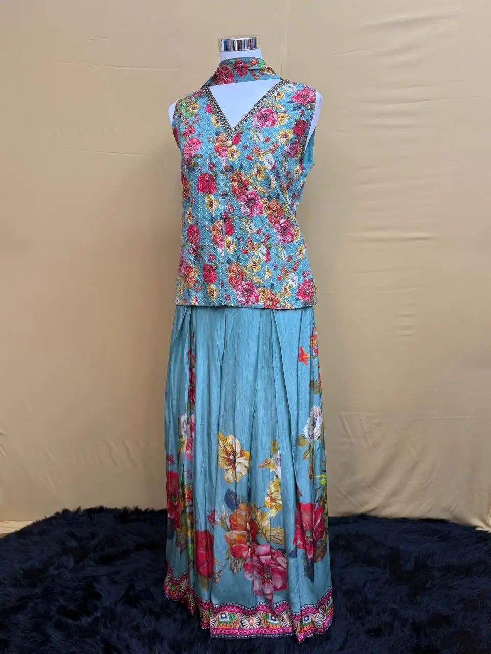 Turquoise Floral Print Silk Skirt Suit Set with Embellished Neckline