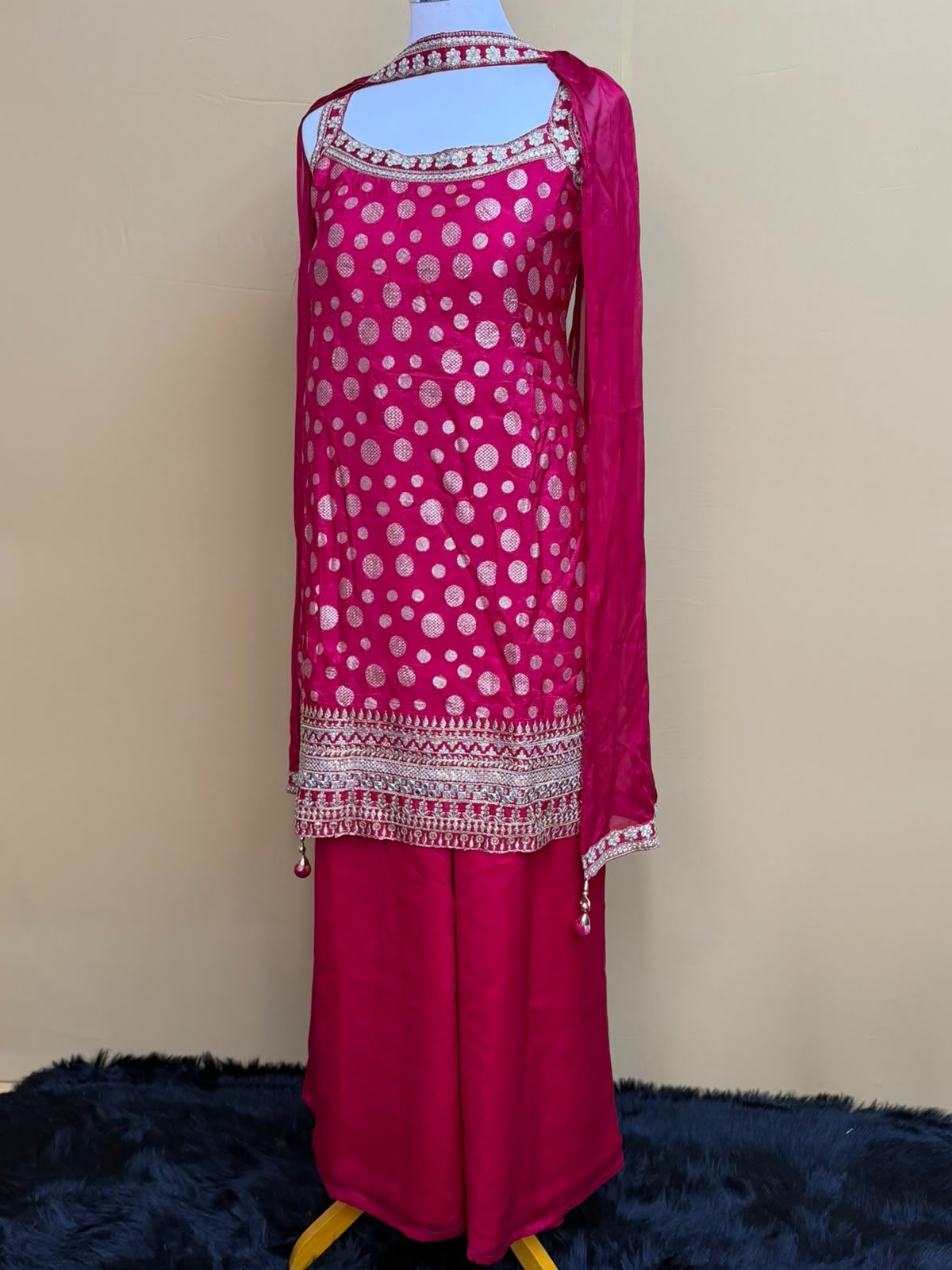Rani Pink Polka Zari Silk Suit Set with Embellished Border