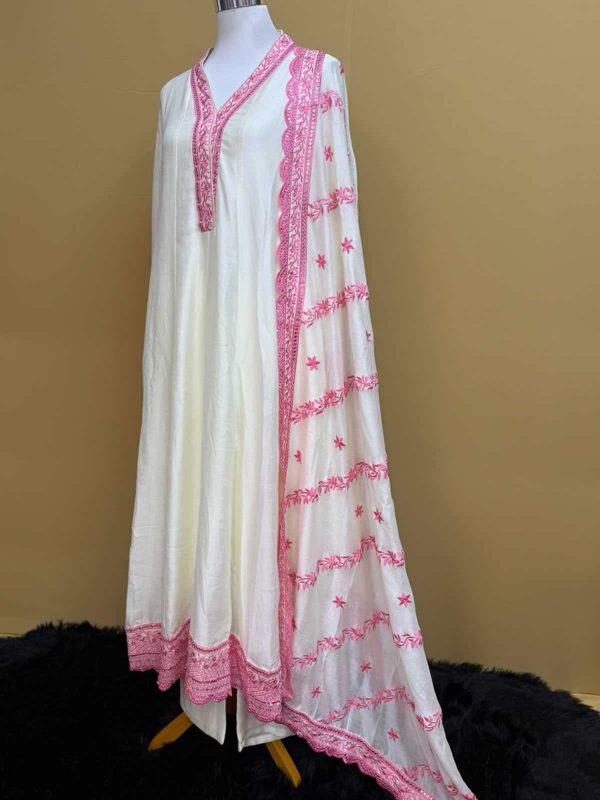 Off-White & Pink Chikankari Embroidered Anarkali Suit Set