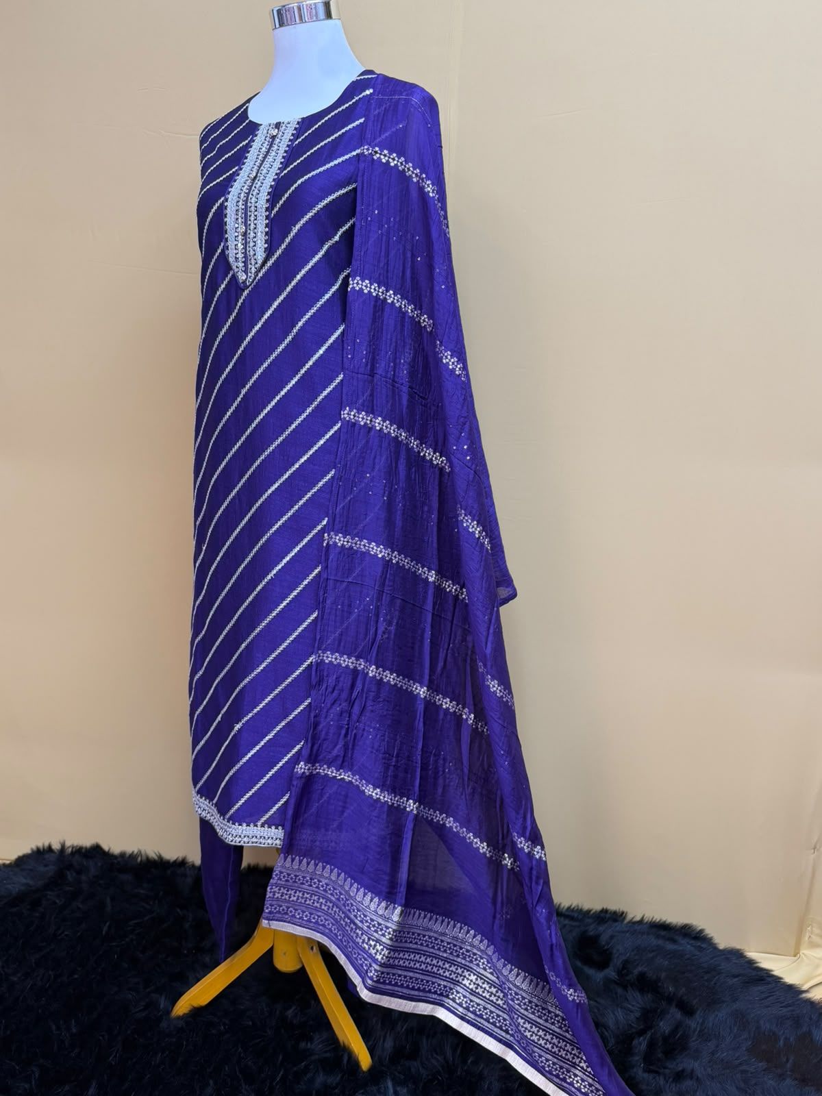 Royal Indigo Leheriya Printed Silk Suit Set with Sequined Dupatta