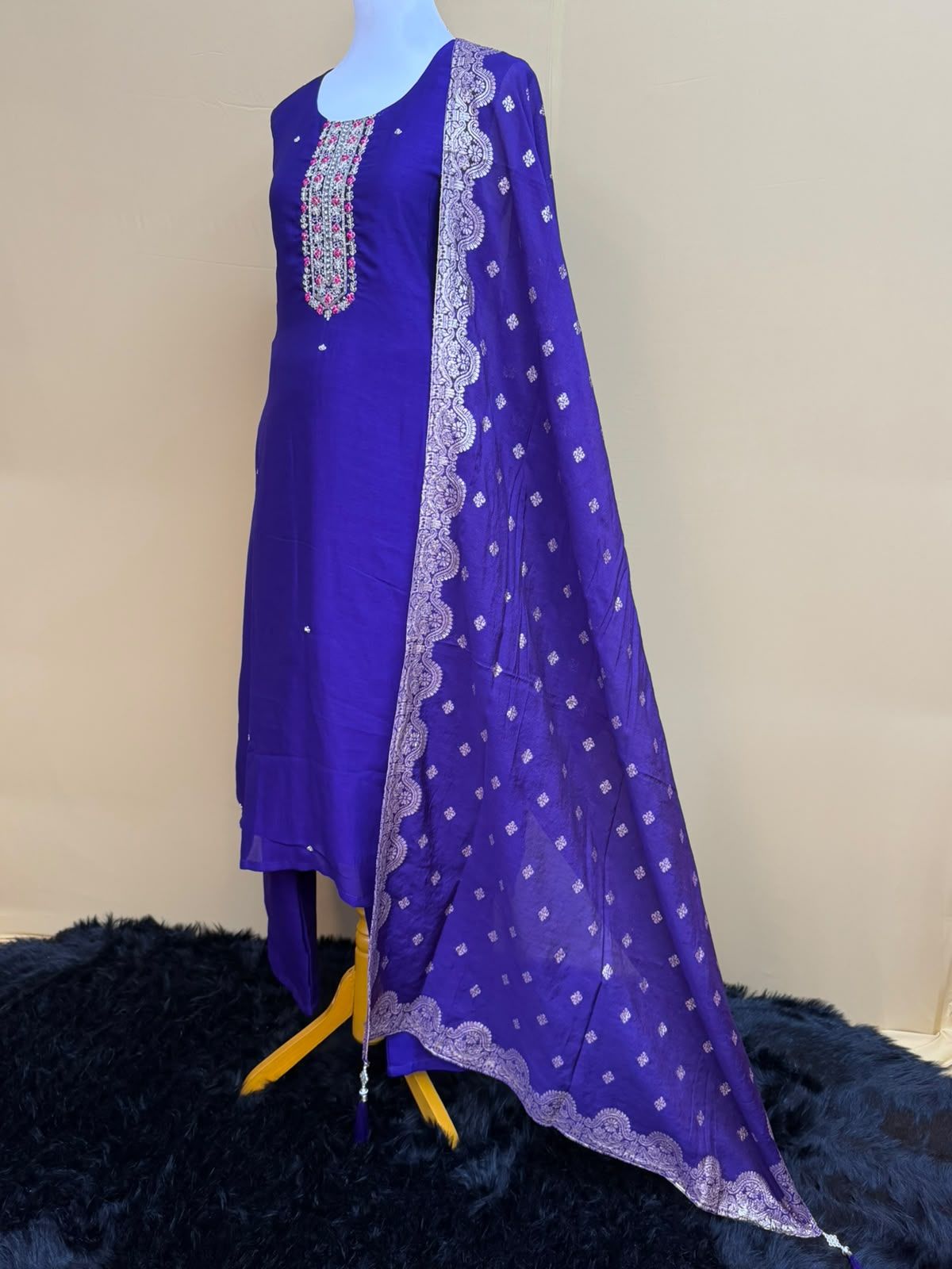 Royal Blue Silk Embroidered Suit Set with Scalloped Woven Dupatta