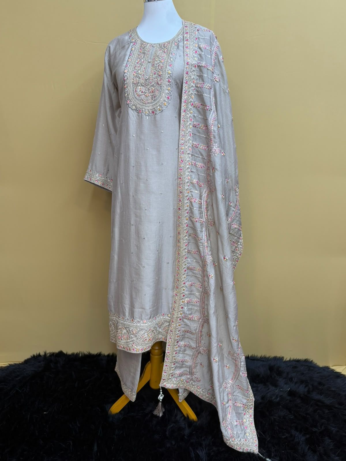 Silver Grey Chanderi Silk Embroidered Suit Set with Scalloped Dupatta