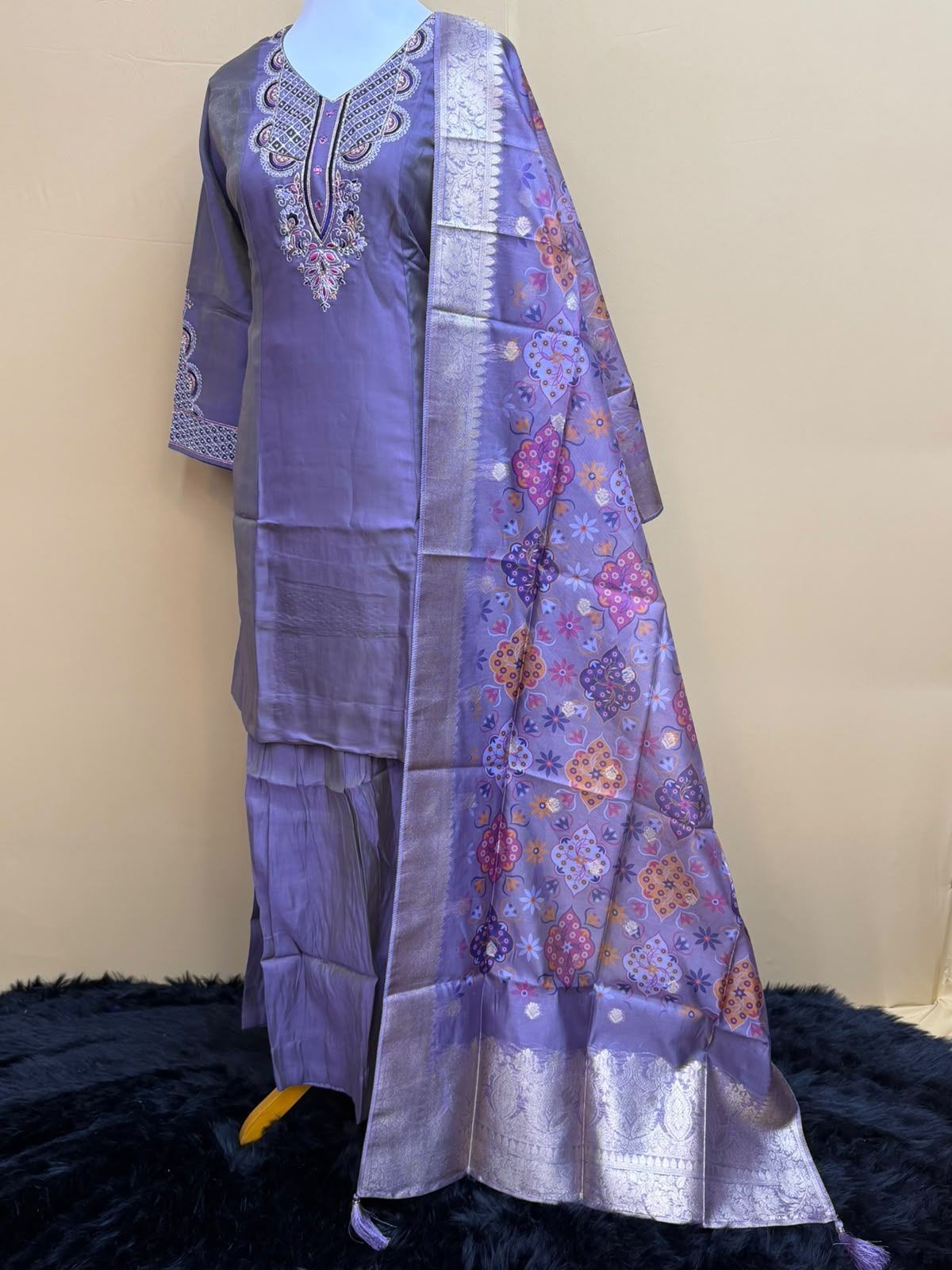 Dusty Lilac Silk Embroidered Kurta Set with Banarasi Printed Dupatta