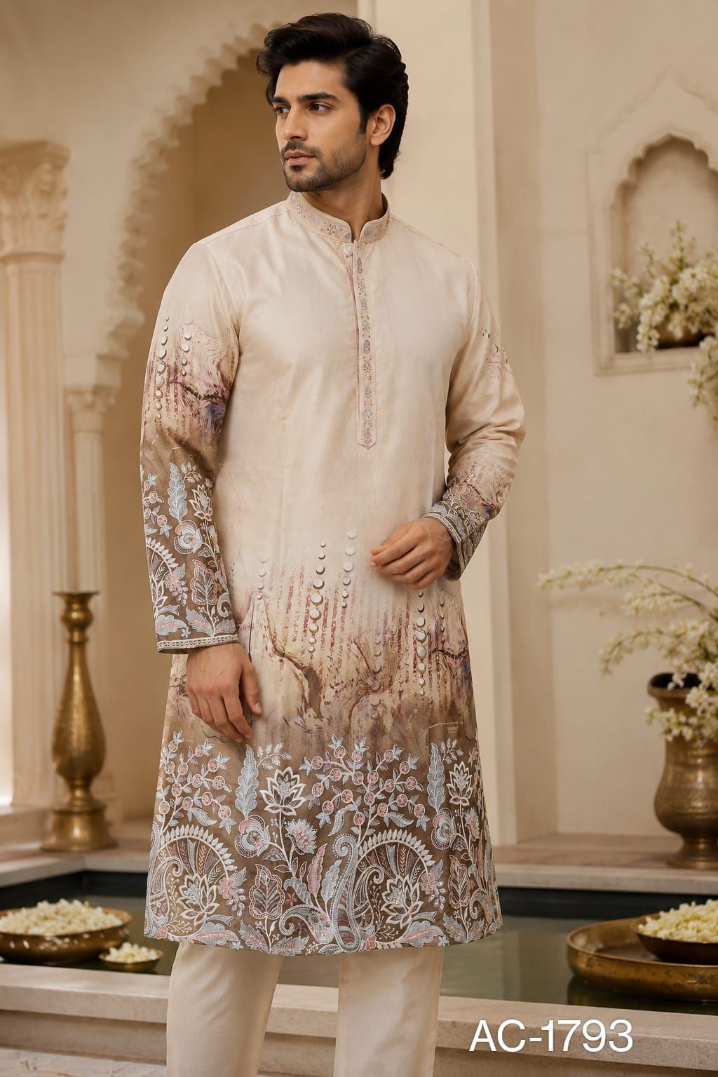 Ivory Floral Heritage Embroidery Printed Kurta
