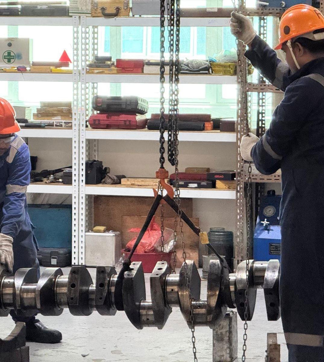 Crankshaft lifted in the Diesel Power Engineering workshop