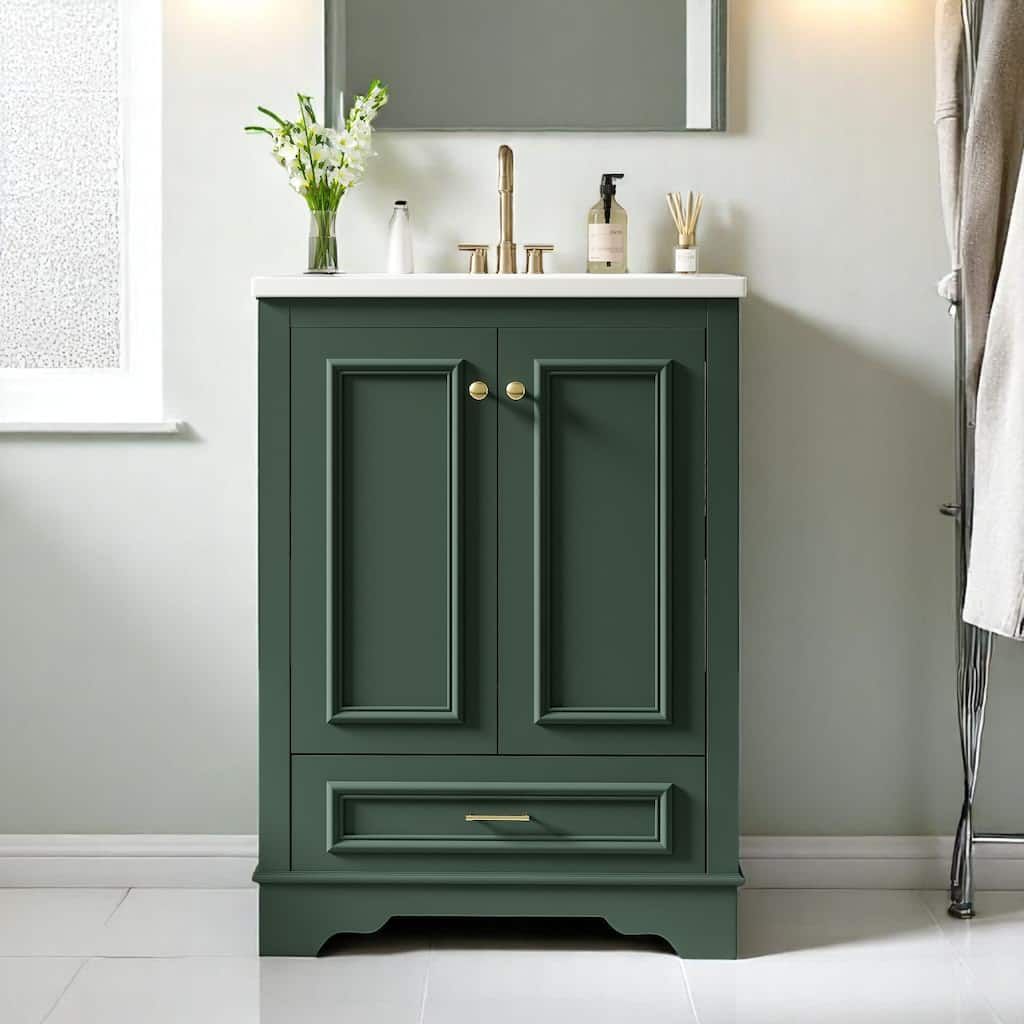 24 Inch Bathroom Vanity with Sink, Solid Wood Frame Cabinet with Adjustable Shelf, Ceramic Top, Silver Handles