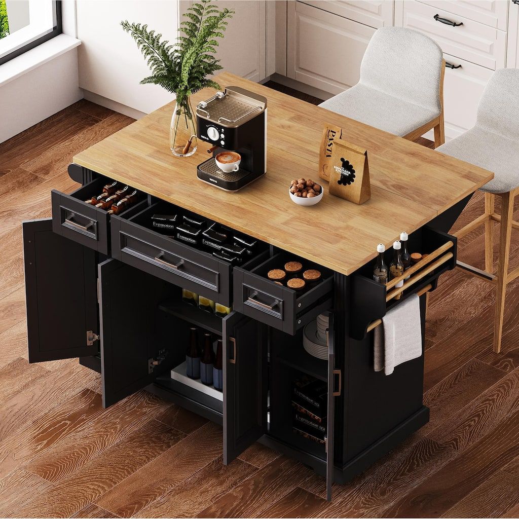 54" Large Kitchen Island with Rubber Wood Drop Leaf, 4 Wheels, 4 Doors & 3 Drawers