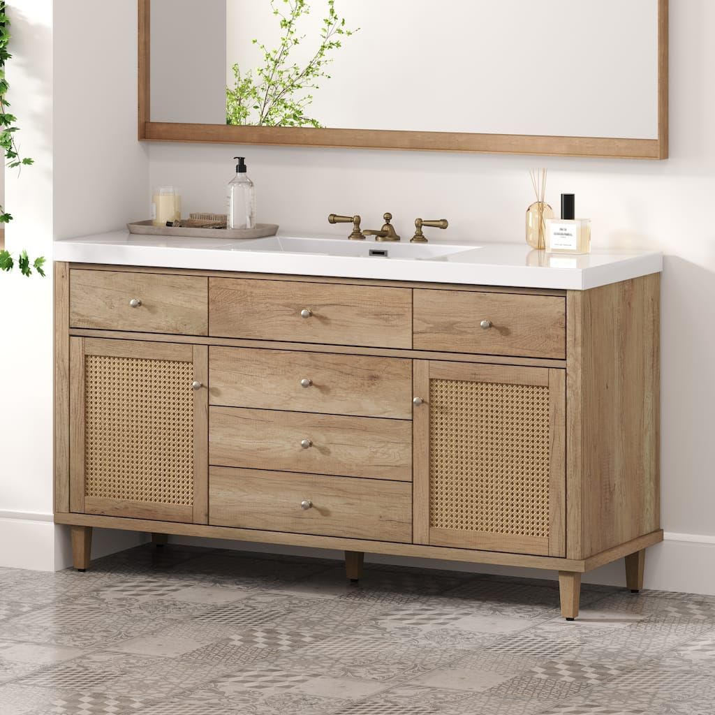 Christopher Knight Home - Emery 60" Bathroom Vanity with SMC Sink, Natural Finish for Modern Large Storage Cabinet