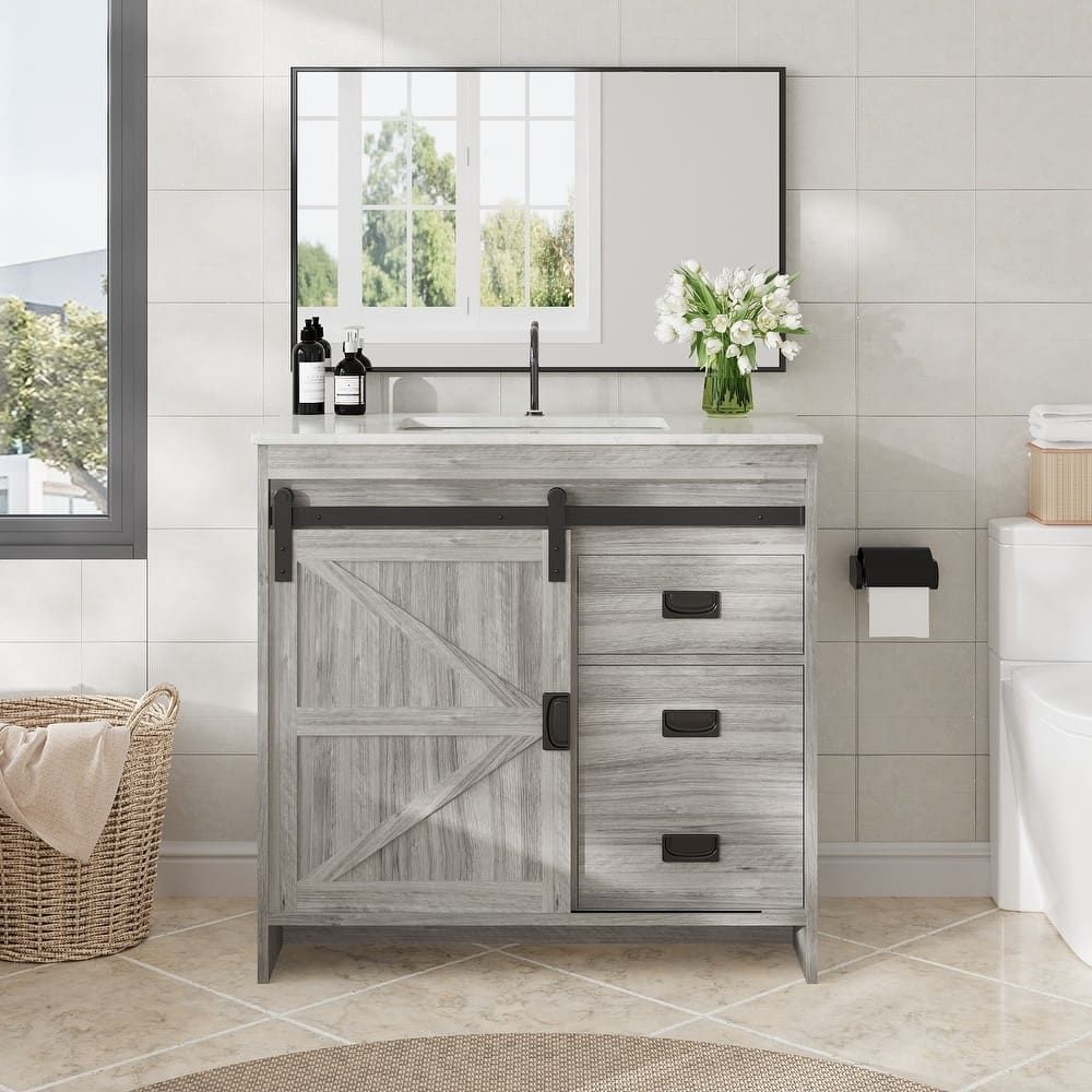 EROMMY Farmhouse Bathroom Vanity with Ceramic Top and Sliding Barn Door Sink Cabinet, Rustic Single Sink Vanity