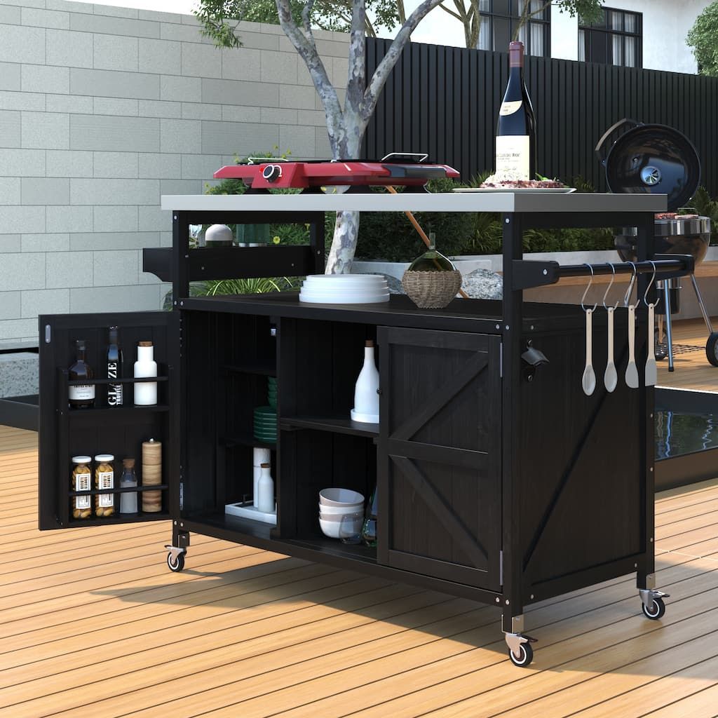 Farmhouse Outdoor Kitchen Island, Rolling Bar Cart & Storage Cabinet with Stainless Steel Top, Spice Rack & Towel Rack
