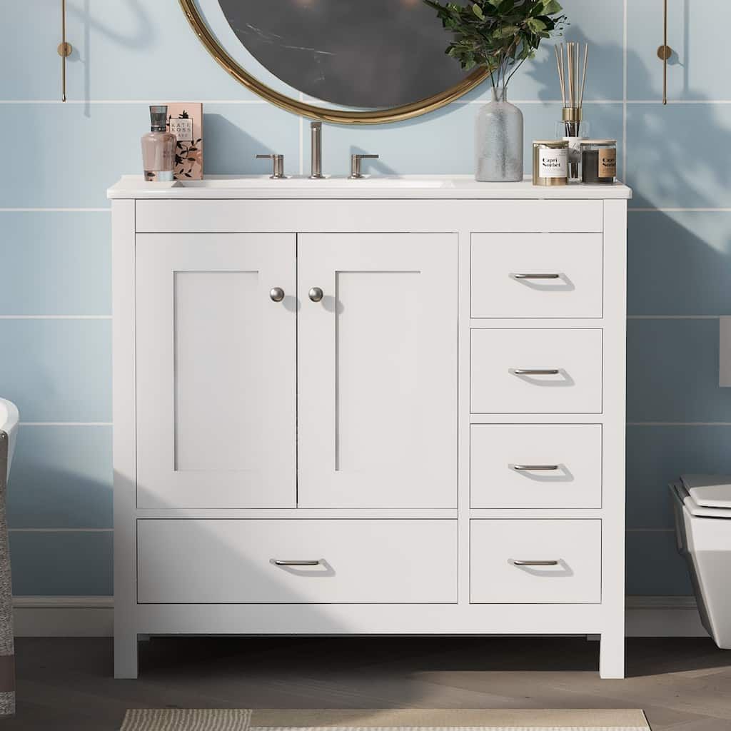 GDFStudio - Iris 36" Bathroom Vanity with Ceramic Sink, 2 Soft-Close Doors & 5 Drawers