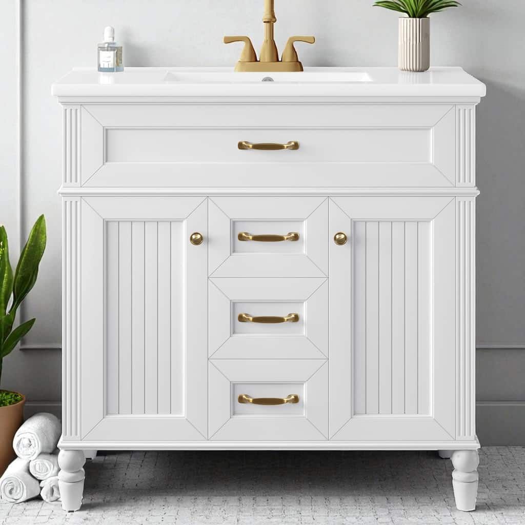 Modern 36 Inch Bathroom Vanity with Ceramic Sink, Solid Wood Frame, Golden Handles, Flip-Out Top Drawer & Storage Cabinet