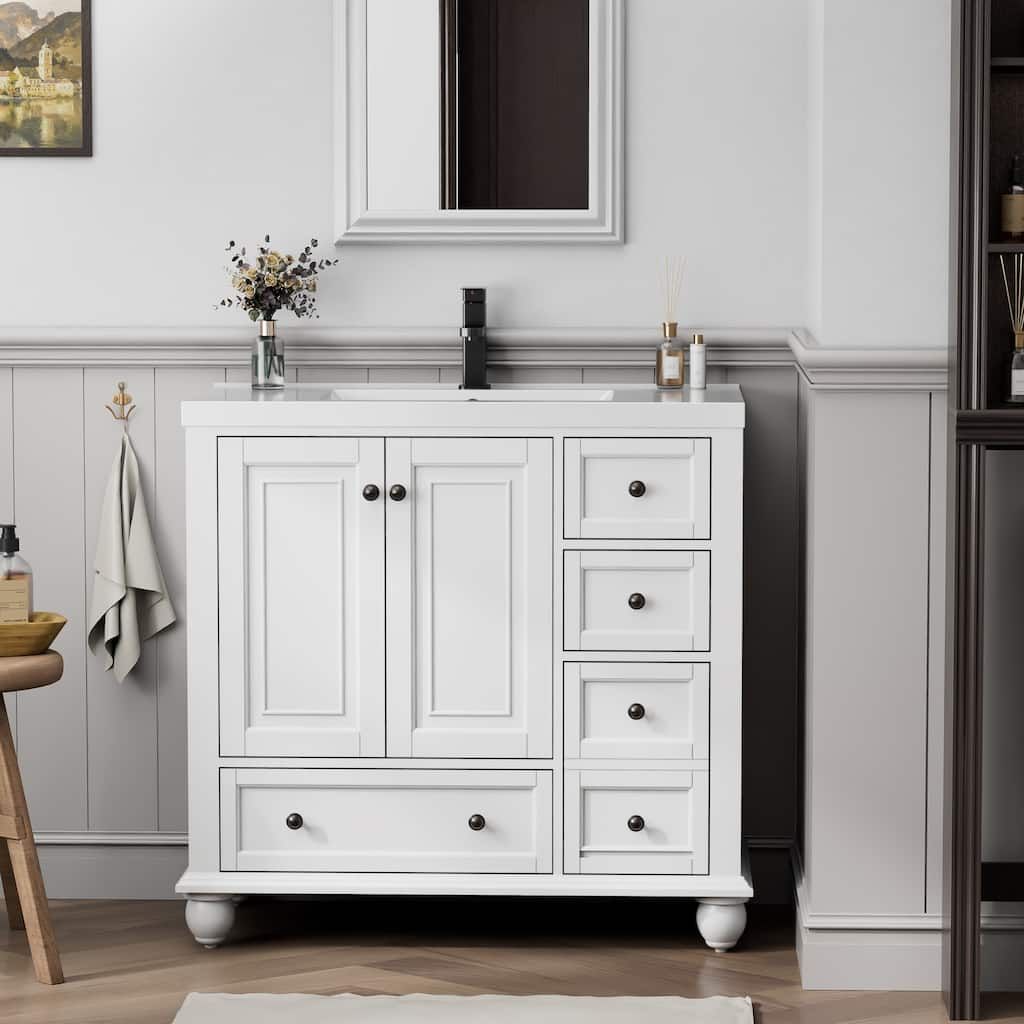 Retro Bathroom Vanity Cabinet Solid Wood Classic with Sink & Faucet